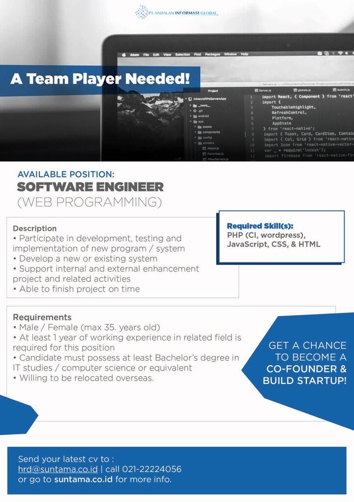 LOWONGAN SOFTWARE ENGINEER (Web Programming) , SYSTEM ANALYST, SosMed