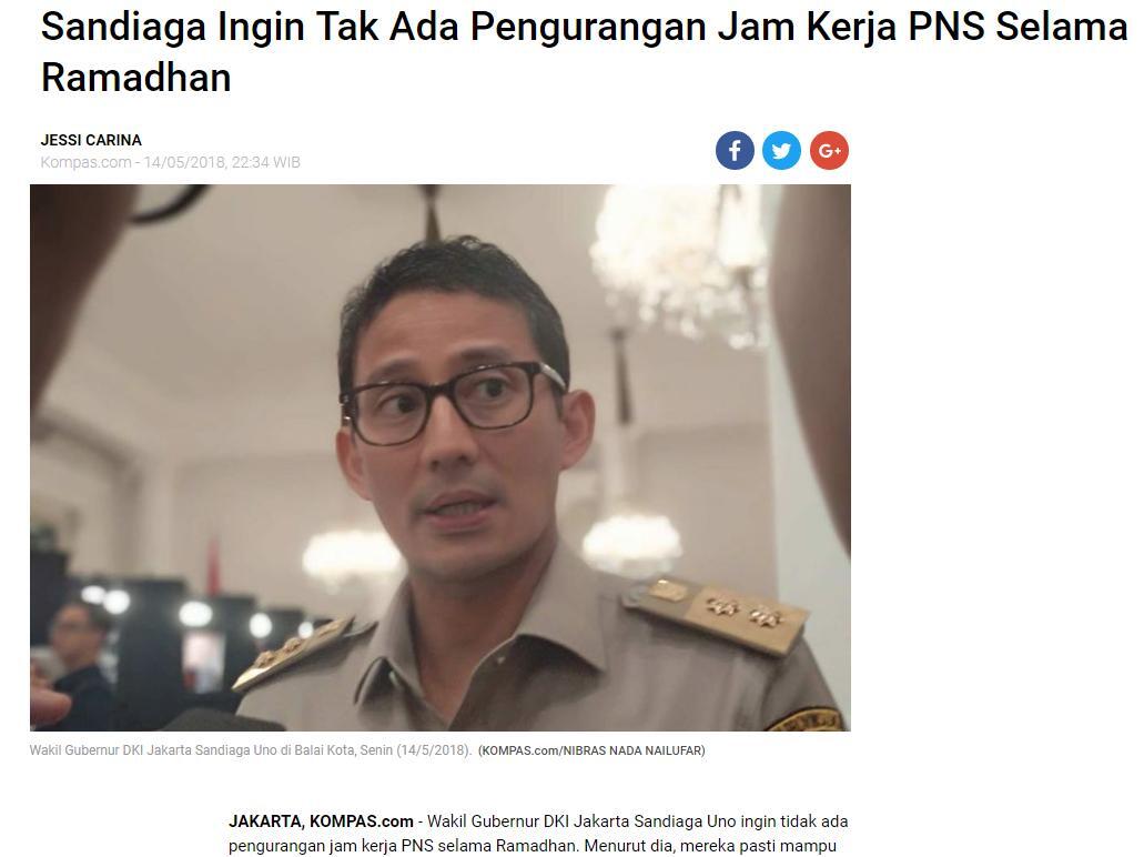 Sandiaga Uno Kaget Ahok Bolehkan PNS Pulang Pukul 14.00 di Bulan Ramadan