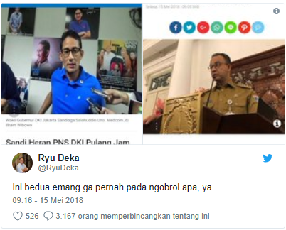 Anies-Sandi Beda Pendapat, Netizen: Mereka Berdua Gak Pernah Ngobrol Ya?