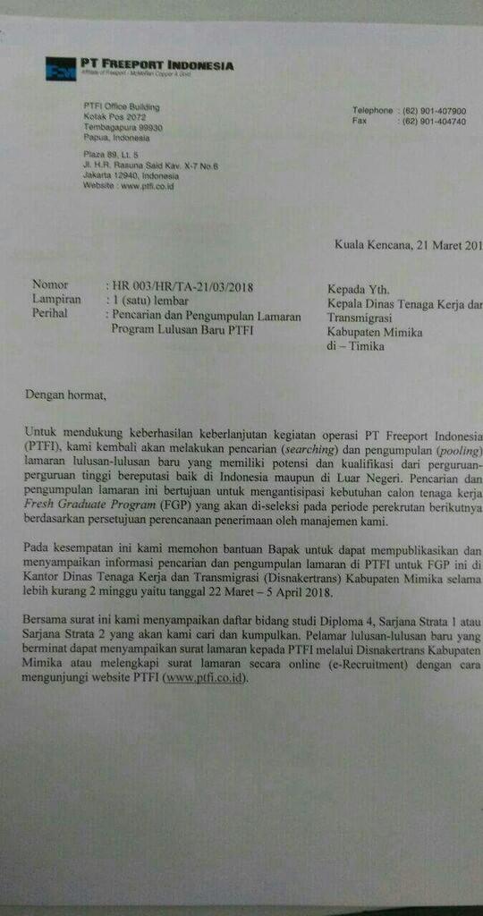 Lamaran Tulis Tangan Di Freeport - Contoh Surat