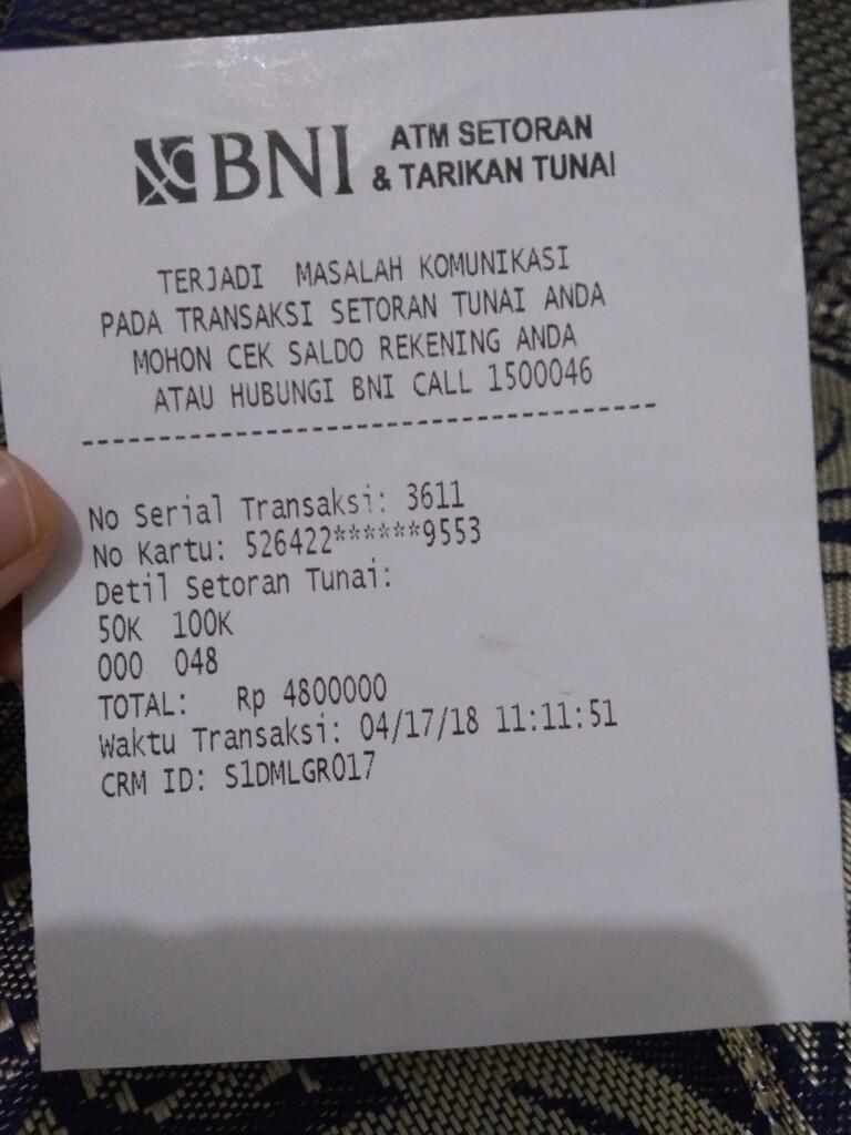 Setoran tunai BNI tidak masuk rekening