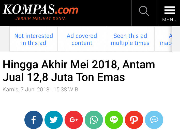 Hingga Akhir Mei 2018, Antam Jual 12,8 Juta Ton Emas