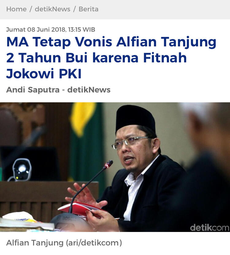 MA Tetap Vonis Alfian Tanjung 2 Tahun Bui karena Fitnah Jokowi PKI