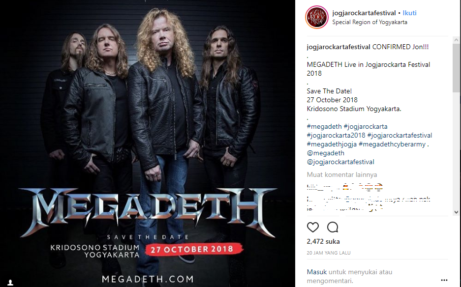 JogjaROCKarta 2018 Kembali Digelar. Menghadirkan Band &quot;Megadeth&quot;