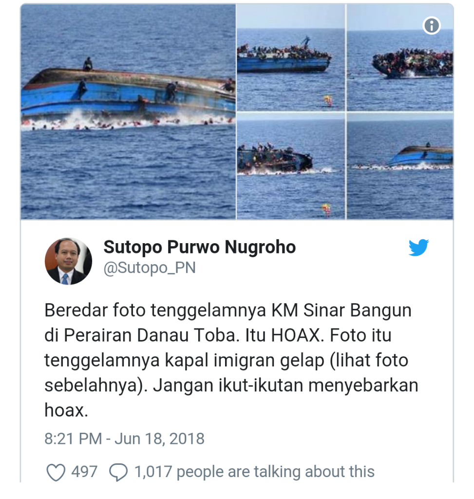BNPB: Foto Tenggelamnya KM Sinar Bangun di Perairan Danau Toba itu Hoax