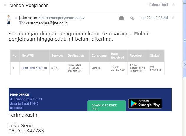 Sudah seminggu lebih Paket JNE Lemot banget dan belum ada tanggapan dari Cust Care