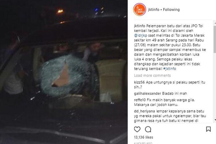 Lagi, Mobil Terkena Lemparan Batu Diatas JPO Toll, Pengendara Terluka