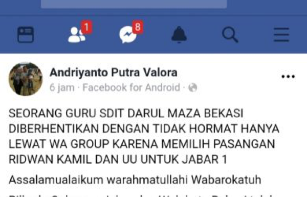 Guru SD di Bekasi Dipecat Lewat WhatsAap Gara-Gara Beda Pilihan di Pilkada 2018