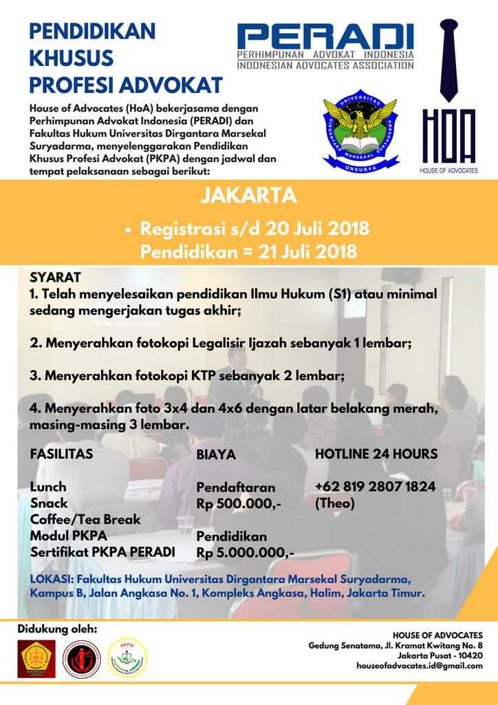 Pendidikan Khusus Profesi Advokat (PKPA) untuk wilayah Jakarta dan Bandung