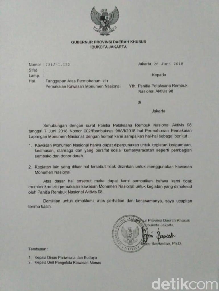Anies Bantah Teken Surat Tolak Acara Aktivis '98 di Monas