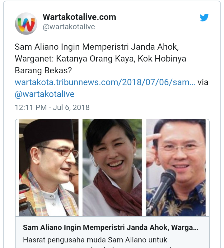 Sam Aliano Ingin Memperistri Janda Ahok: Katanya Orang Kaya Kok Hobinya Barang Bekas?