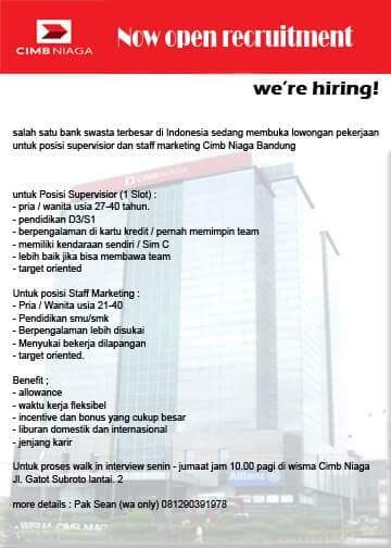 Lowongan Marketing cc Cimb Niaga areal Bandung