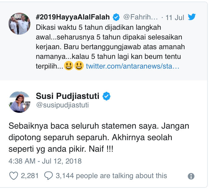 Menteri Susi Semprot Fahri Hamzah dengan Sebutan Naif