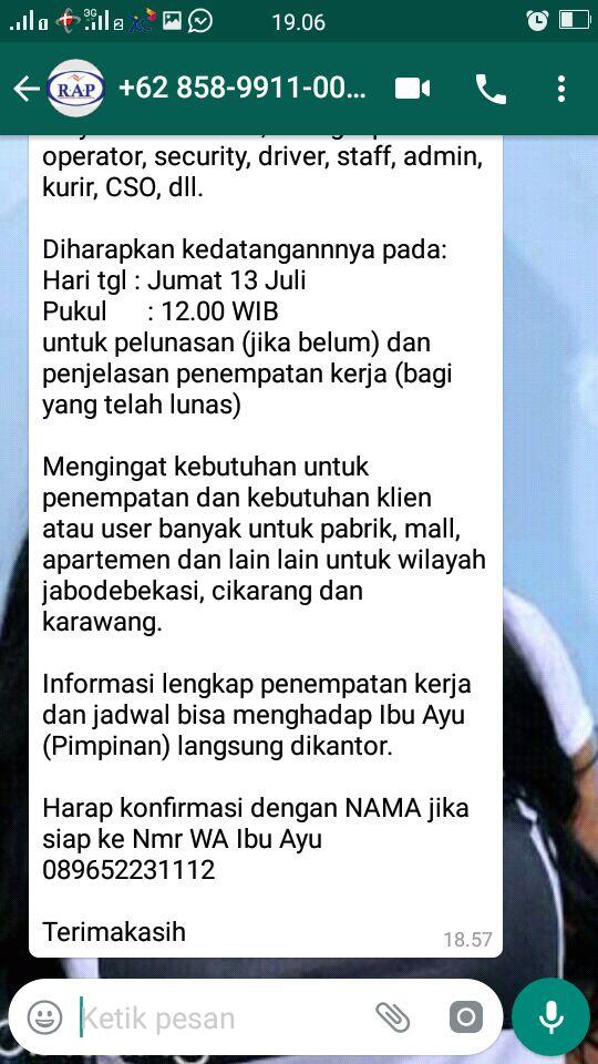 Modus penipuan (PT RAP tidak membuka lowongan apapun )