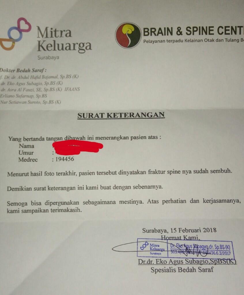 Contoh Surat Keterangan Sakit Patah Tulang