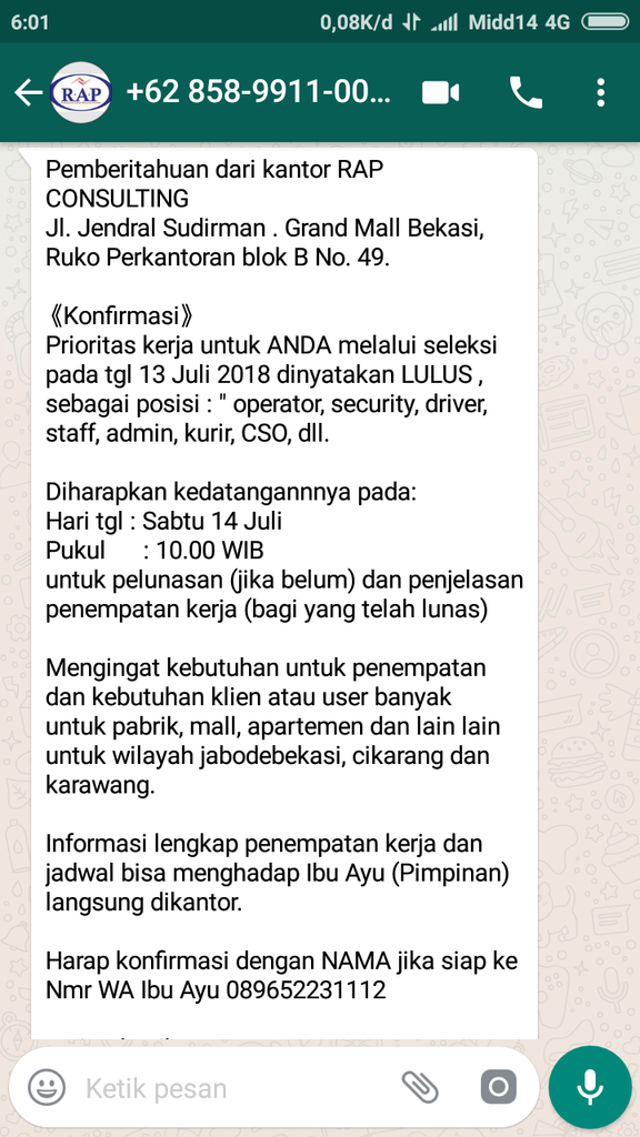 Modus penipuan (PT RAP tidak membuka lowongan apapun )