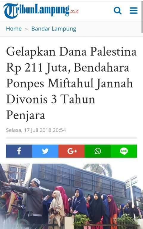 Gelapkan Dana Palestina Rp 211 Juta, Bendahara Ponpes Miftahul Jannah Divonis 3 Tahun