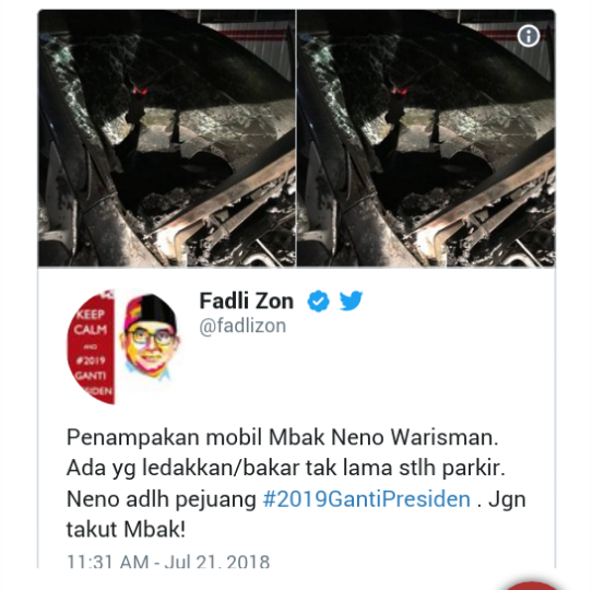 Fadli Zon: Ada yang Ledakkan Mobil Neno Warisman