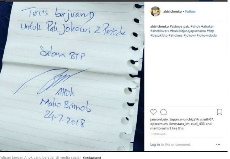 Pilpres 2019, Ini Isi Surat Ahok Mendukung Jokowi Dua Periode