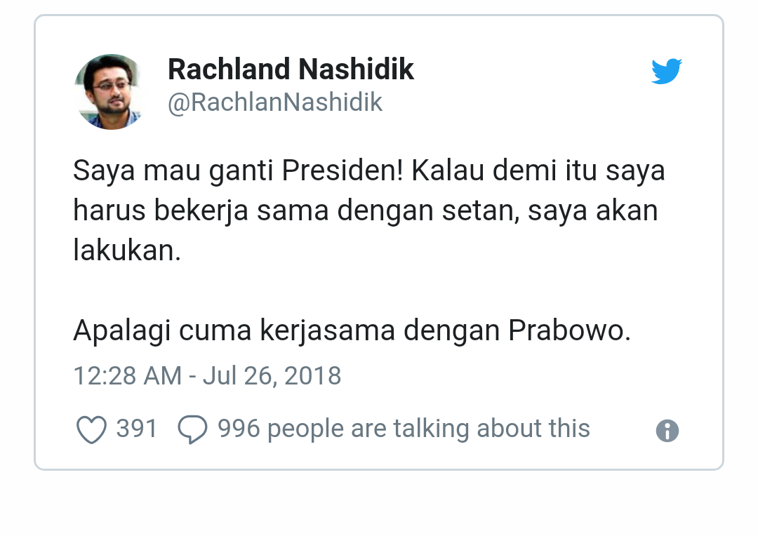 Tweet Mau Ganti Presiden, Rachland: Maksud Saya Prabowo Bukan Setan