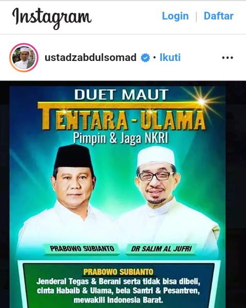Ustaz Abdul Somad Beri Selamat Buat Duet Maut Prabowo-Salim