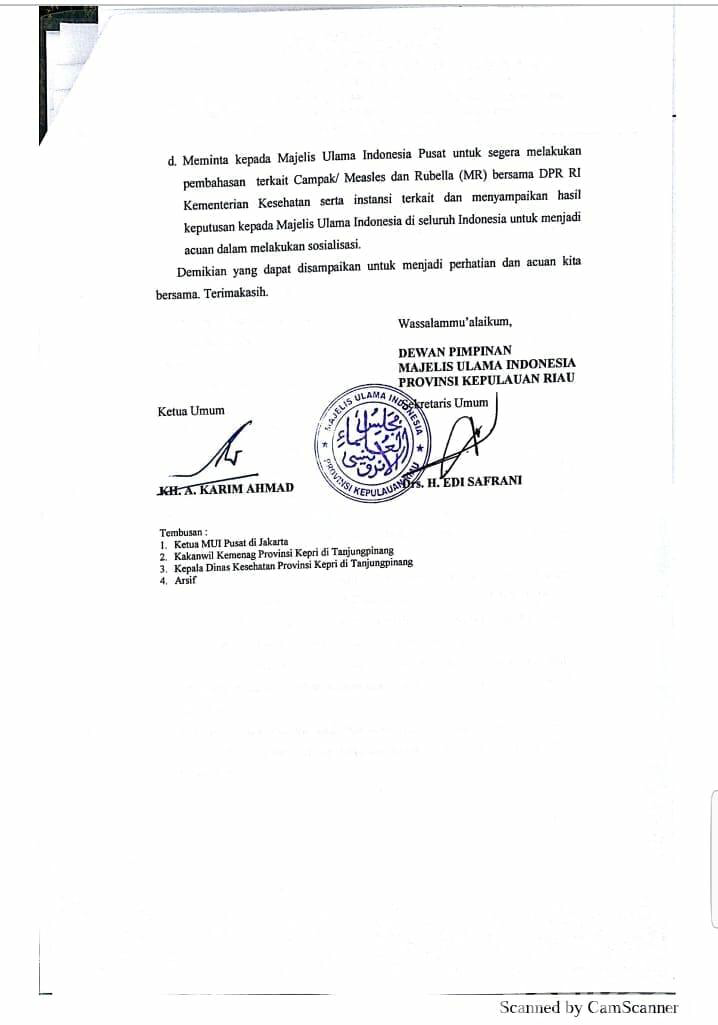MUI Kepri Imbau Umat Muslim Tak Ikut Imunisasi Campak-Rubella