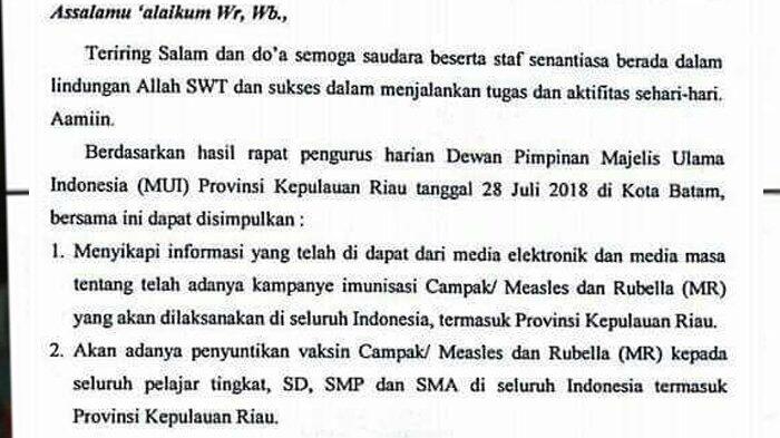 MUI Kepri Keluarkan Edaran Penundaan Vaksin Campak dan Rubella Sampai Ada Sertifikat
