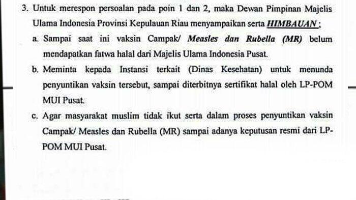 MUI Kepri Keluarkan Edaran Penundaan Vaksin Campak dan Rubella Sampai Ada Sertifikat