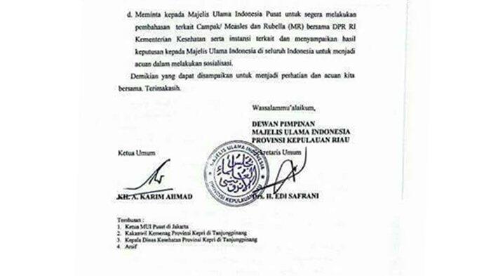 MUI Kepri Keluarkan Edaran Penundaan Vaksin Campak dan Rubella Sampai Ada Sertifikat