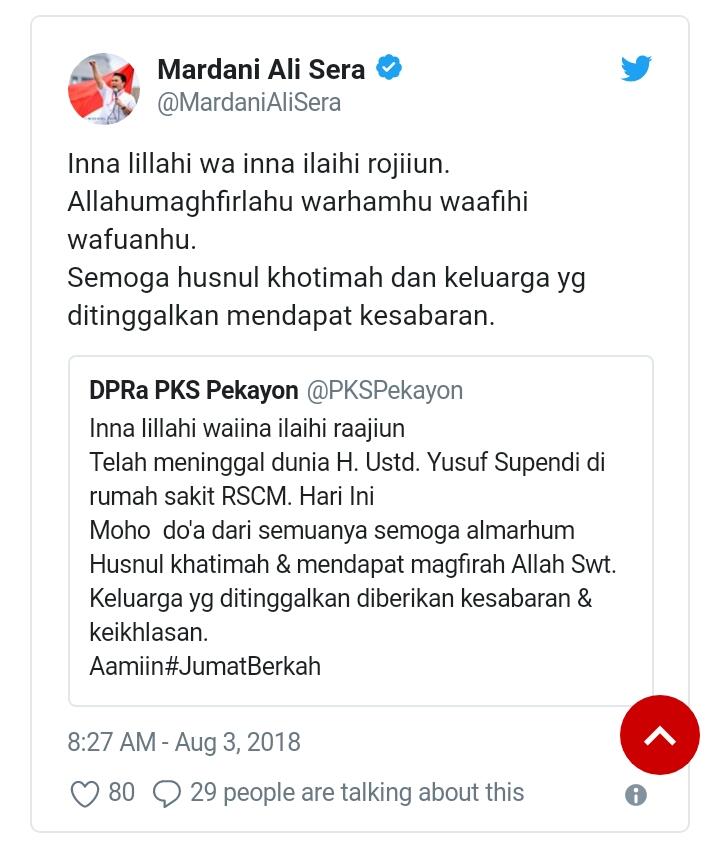 Yusuf Supendi Pendiri PKS dan Caleg PDIP Meninggal