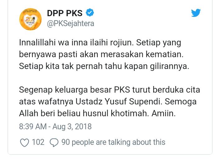 Yusuf Supendi Pendiri PKS dan Caleg PDIP Meninggal