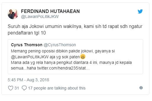 Minta Jokowi Umumkan Wakilnya, Ferdinand H : Kami Sudah Atur Pendaftaran Tanggal 10