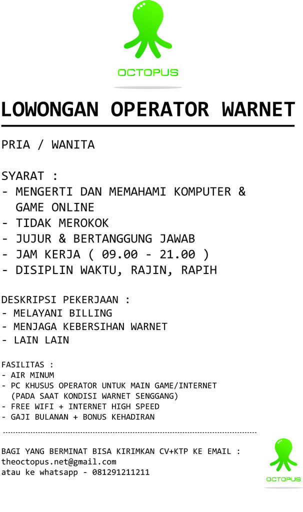 LOWONGAN OPERATOR WARNET BEKASI/CIKARANG