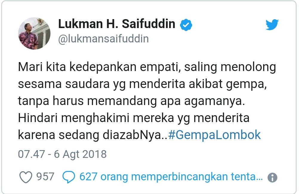 Sebut Gempa Lombok Sebagai Azab, Menteri Agama Tuai Kontroversi