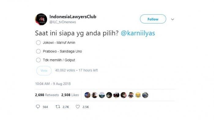 Polling Capres - Cawapres Twitter ILC, Prabowo-Sandiaga Unggul Jauh Atas Jkw-Ma’ruf