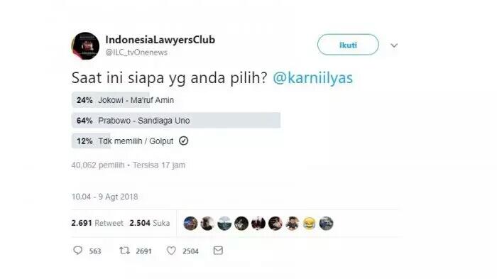 ILC Gelar Polling Prabowo-Sandi Vs Jokowi-Ma'ruf, Hasilnya Mengejutkan