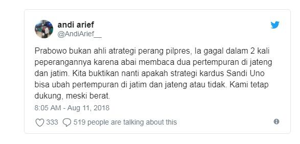 Andi Arief : Prabowo Bukan Ahli Strategi Perang Pilpres