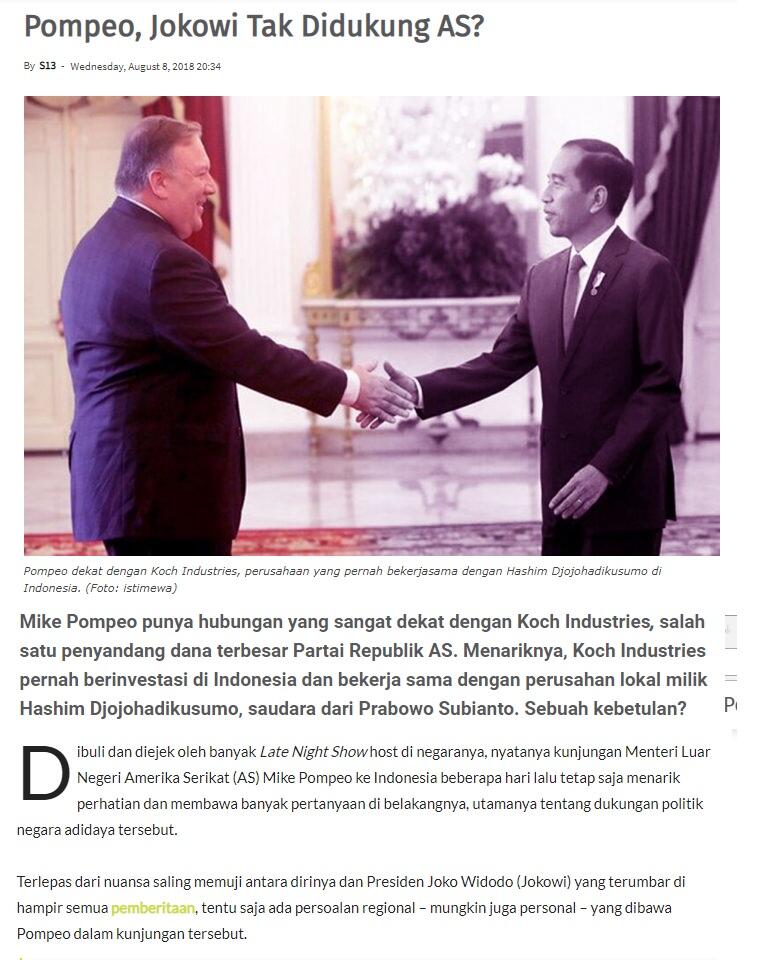 (Menlu AS) Pompeo, Jokowi Tak Disukung AS?