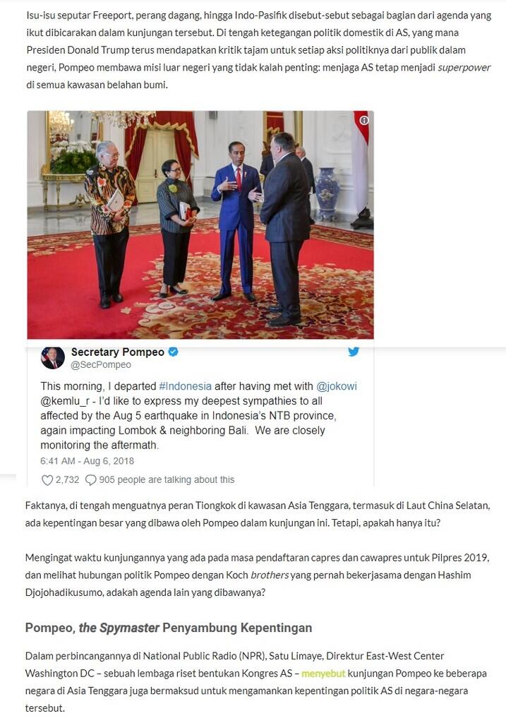 (Menlu AS) Pompeo, Jokowi Tak Disukung AS?
