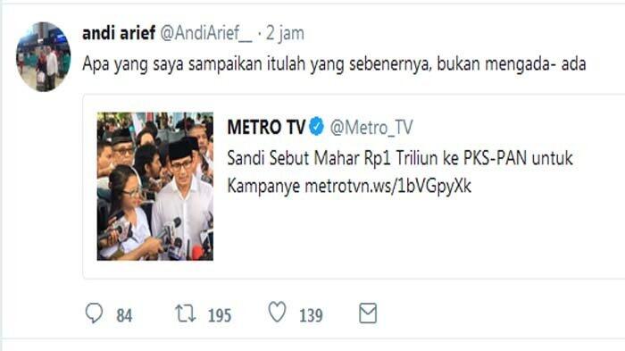 Sandiaga Uno Akui Adanya Pemberian Mahar Rp 1 Triliun Pada PAN dan PKS