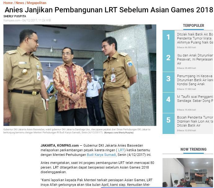 Anies Bantah LRT untuk Asian Games