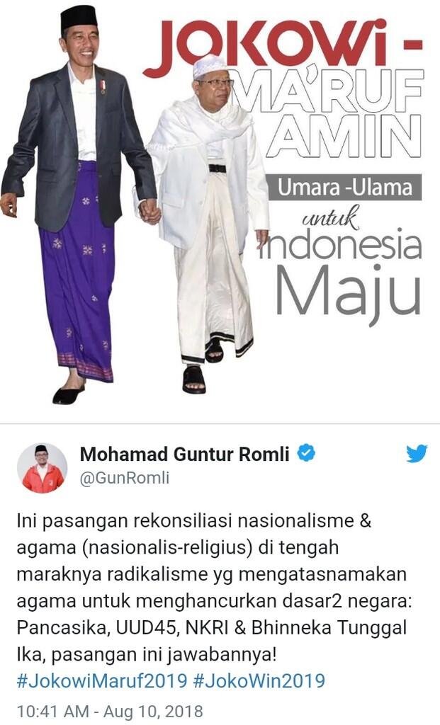 Dukung Jokowi-Ma’ruf Amin, Guntur: Politik identitas dan Politisasi SARA Masuk ke Dal