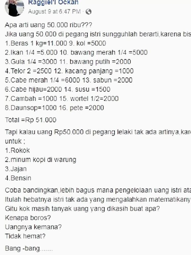 Beda Uang 50 Ribu Rupiah Ditangan Istri dan Suami