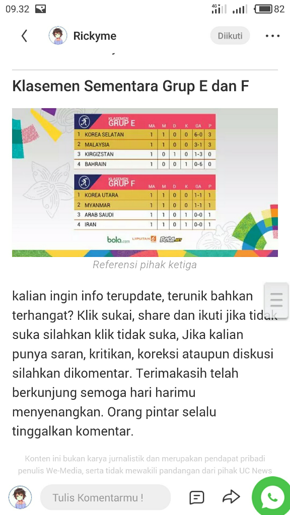 Klasemen Sementara Asian Games Cabang Sepak Bola Grup E dan F