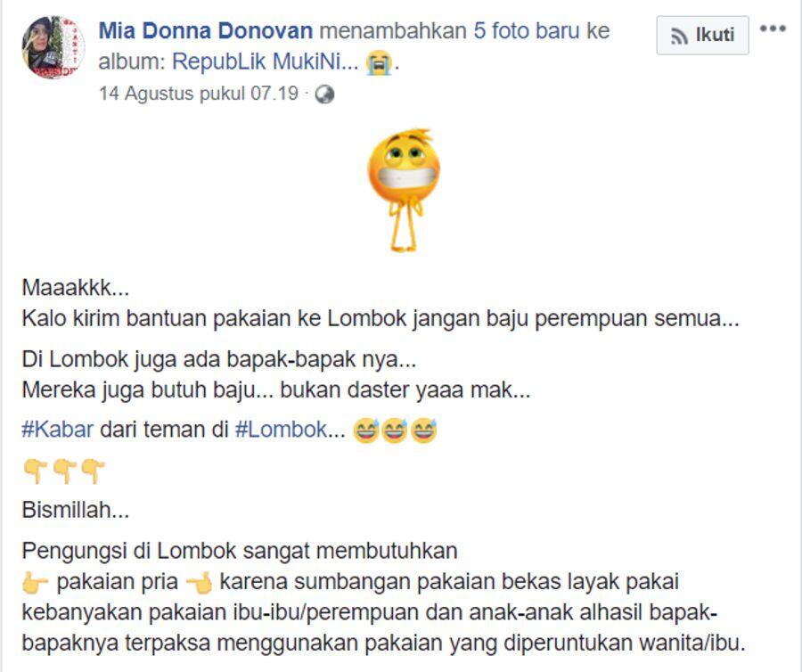 Ketika Bantuan Sandang untuk Korban Gempa Lombok Lebih Banyak Pakaian Emak-Emak