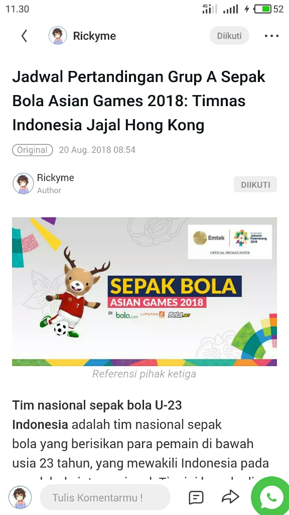 Jadwal Asian Game sepak Bola Grup A