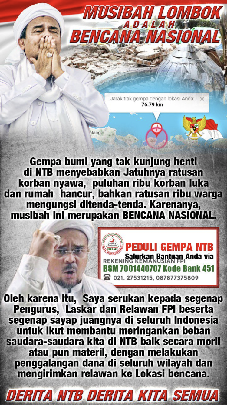 Rizieq Shihab Sebut Gempa Lombok Pantas Jadi Bencana Nasional