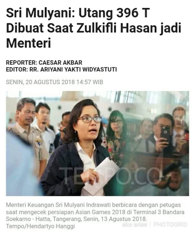 Sri Mulyani : &quot;Utang 396 T Dibuat Saat Zulkifli Hasan Jadi Menteri&quot;