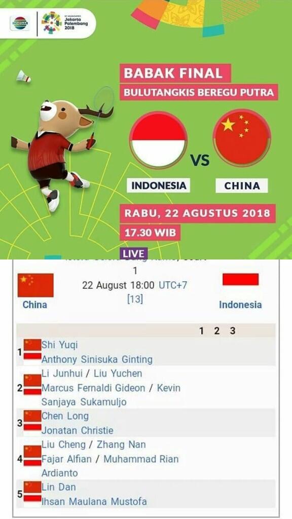 (Asian Games 2018) Indonesia vs Tiongkok, Final Ideal di Beregu Putra
