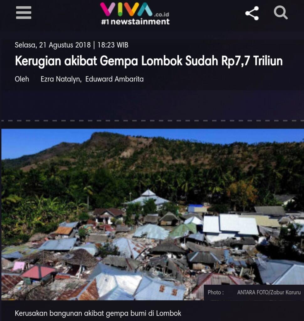 Kerugian akibat Gempa Lombok Sudah Rp7,7 Triliun